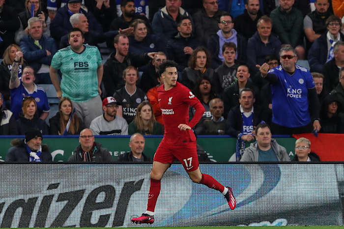 Liverpool midfielder Curtis Jones pictured celebrating after scoring against Leicester City in May 2023